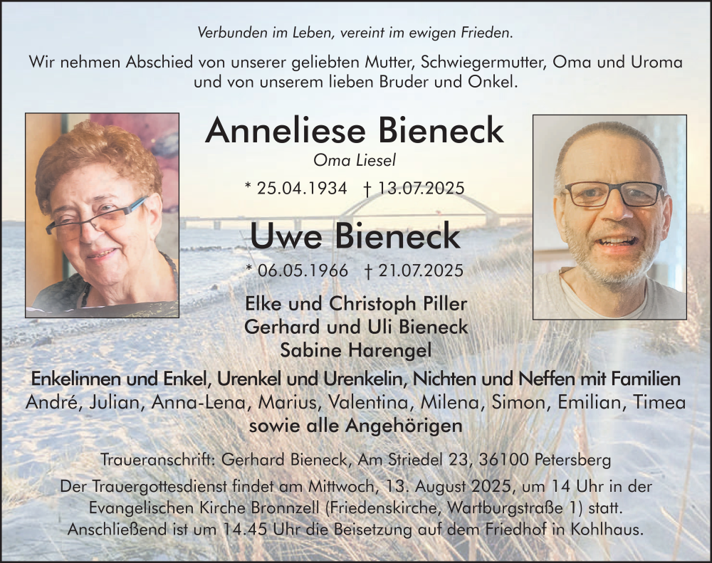  Traueranzeige für Anneliese Bieneck vom 09.08.2025 aus FZ