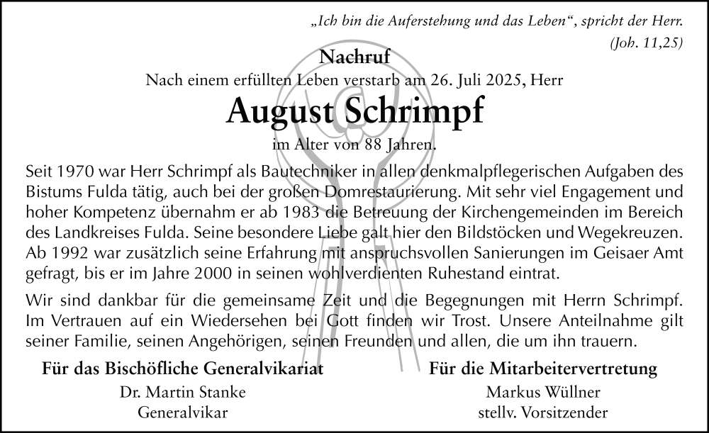  Traueranzeige für August Schrimpf vom 01.08.2025 aus FZ