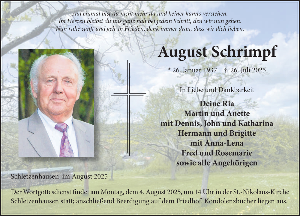  Traueranzeige für August Schrimpf vom 01.08.2025 aus FZ