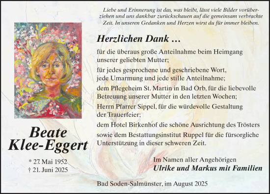 Traueranzeige von Beate Klee-Eggert von FZ