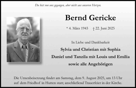 Traueranzeige von Bernd Gericke von FZ