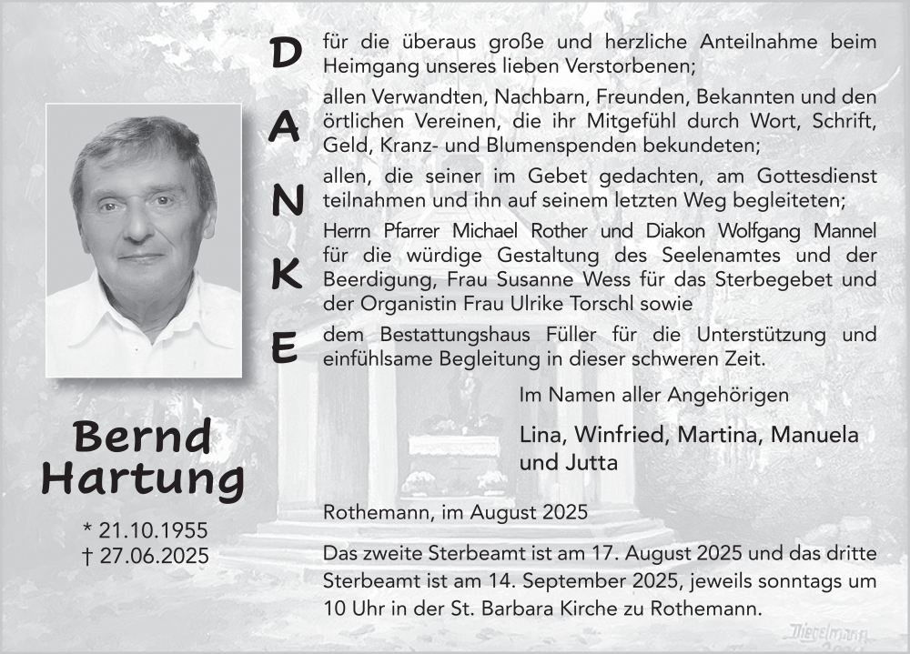  Traueranzeige für Bernd Hartung vom 15.08.2025 aus FZ