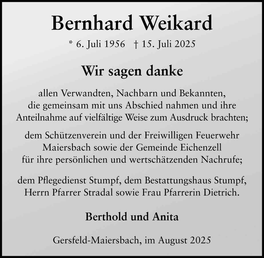  Traueranzeige für Bernhard Weikard vom 30.08.2025 aus FZ