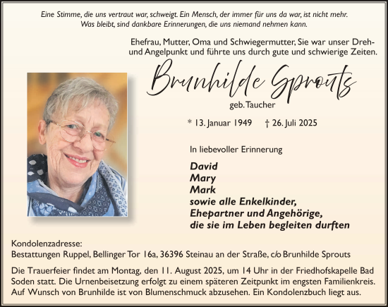 Traueranzeige von Brunhilde Sprouts von FZ