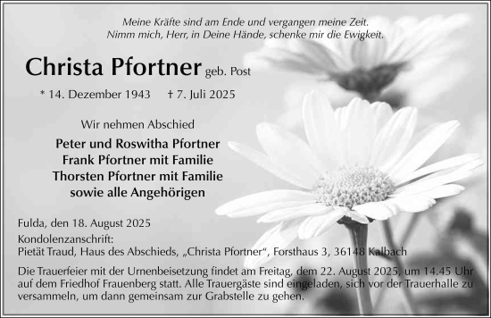 Traueranzeige von Christa Pfortner von FZ