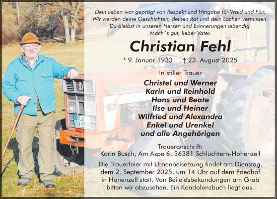 Traueranzeige von Christian Fehl von FZ