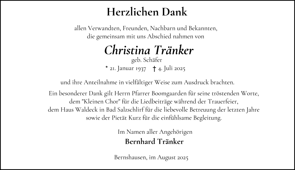  Traueranzeige für Christina Tränker vom 20.08.2025 aus FZ