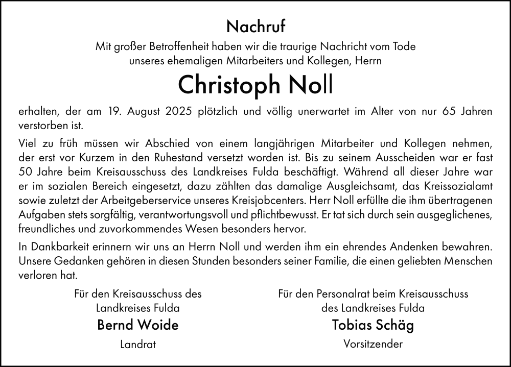  Traueranzeige für Christoph Noll vom 23.08.2025 aus FZ