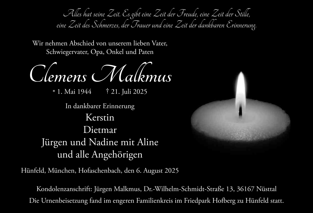  Traueranzeige für Clemens Malkmus vom 06.08.2025 aus FZ