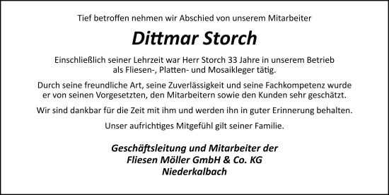 Traueranzeige von Dittmar Storch von FZ