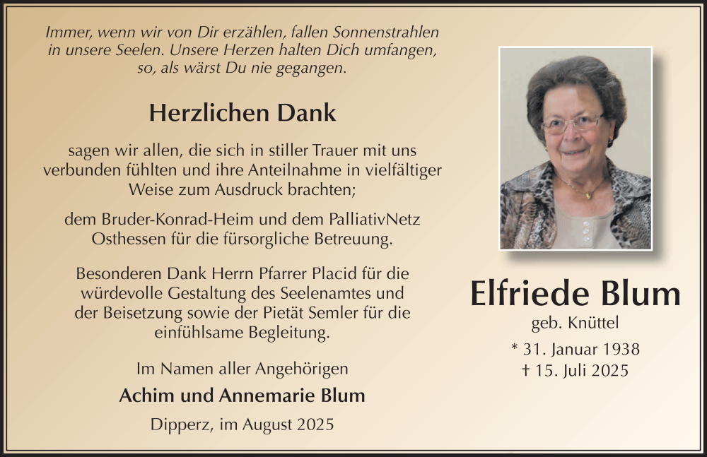  Traueranzeige für Elfriede Blum vom 07.08.2025 aus FZ