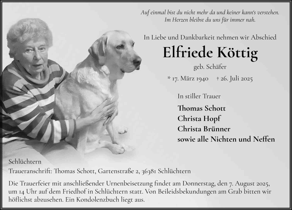  Traueranzeige für Elfriede Köttig vom 02.08.2025 aus FZ