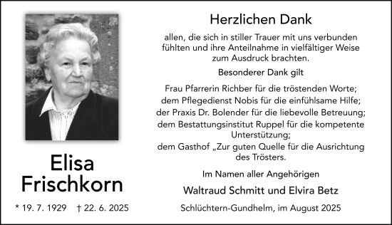Traueranzeige von Elisa Frischkorn von FZ