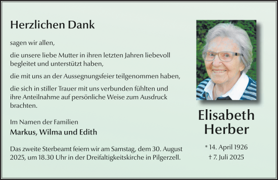 Traueranzeige von Elisabeth Herber von FZ