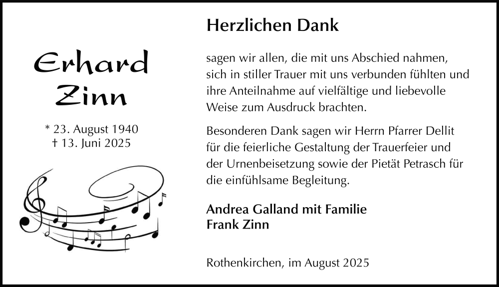  Traueranzeige für Erhard Zinn vom 23.08.2025 aus FZ