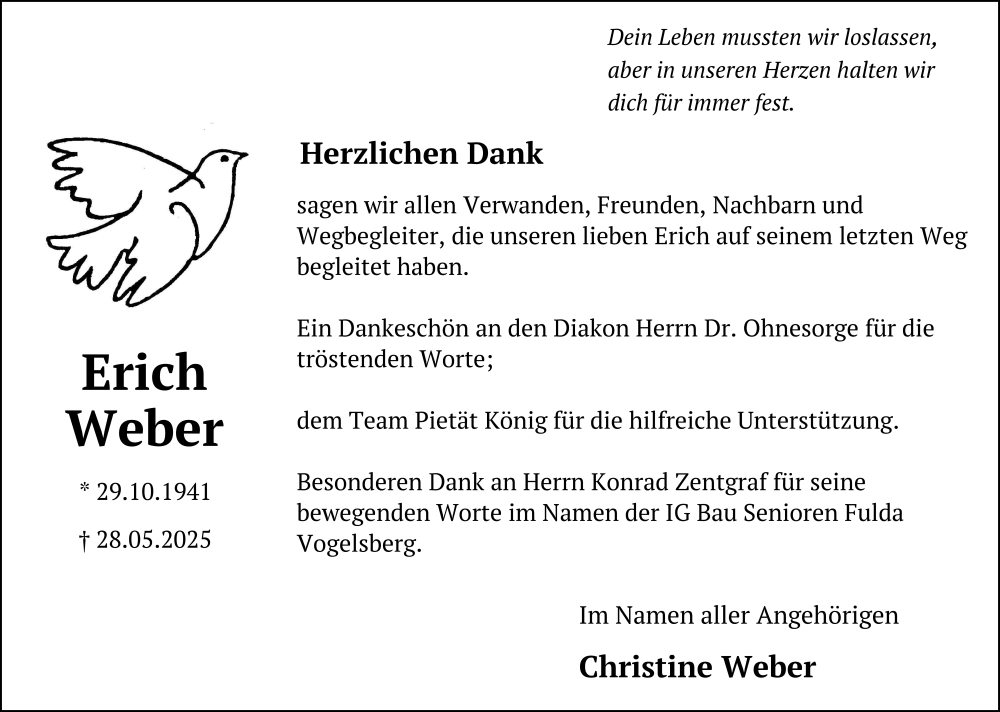  Traueranzeige für Erich Weber vom 09.08.2025 aus FZ