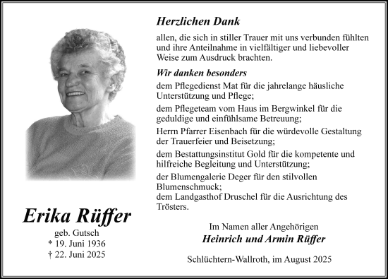 Traueranzeige von Erika Rüffer von FZ