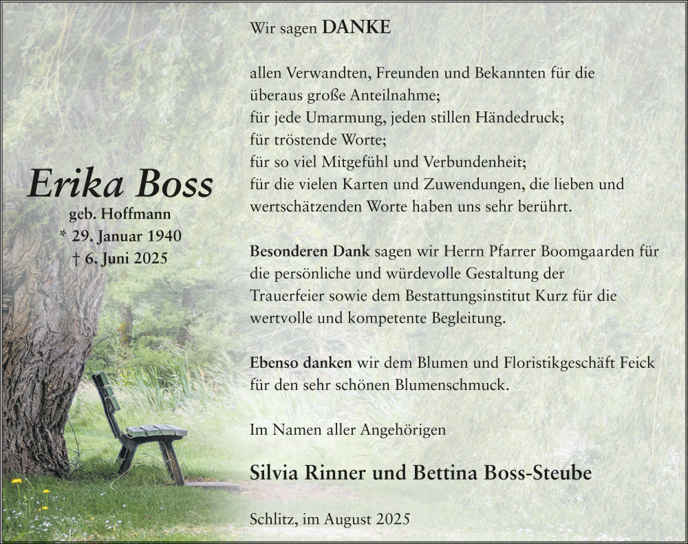  Traueranzeige für Erkia Boß vom 02.08.2025 aus FZ