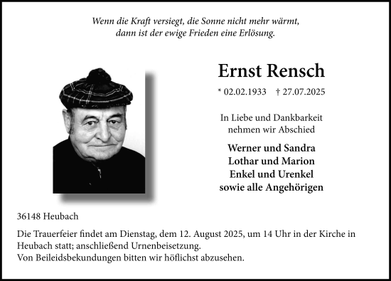 Traueranzeige von Ernst Rensch von FZ