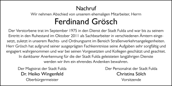 Traueranzeige von Ferdinand Grösch von FZ
