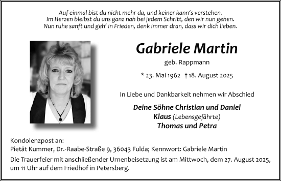Traueranzeige von Gabriele Martin von FZ