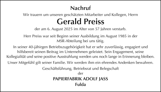 Traueranzeige von Gerald Preiss von FZ