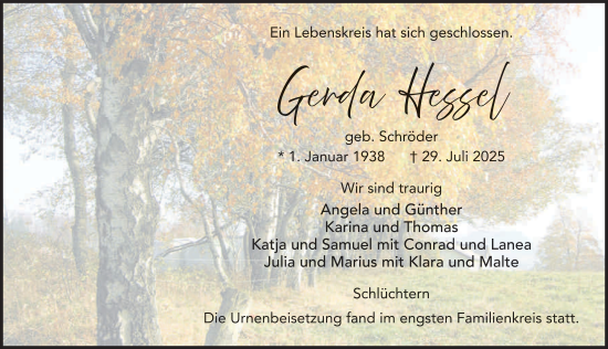 Traueranzeige von Gerda Hessel von FZ