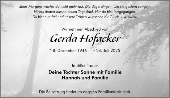 Traueranzeige von Gerda Hofacker von FZ
