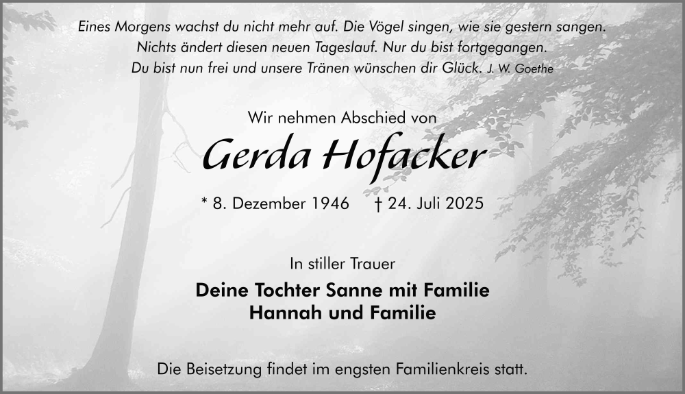  Traueranzeige für Gerda Hofacker vom 16.08.2025 aus FZ