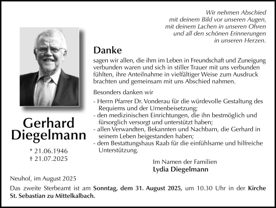 Traueranzeige von Gerhard Diegelmann von FZ