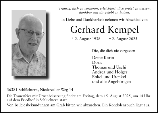 Traueranzeige von Gerhard Kempel von FZ