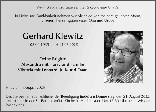 Traueranzeige von Gerhard Klewitz von FZ