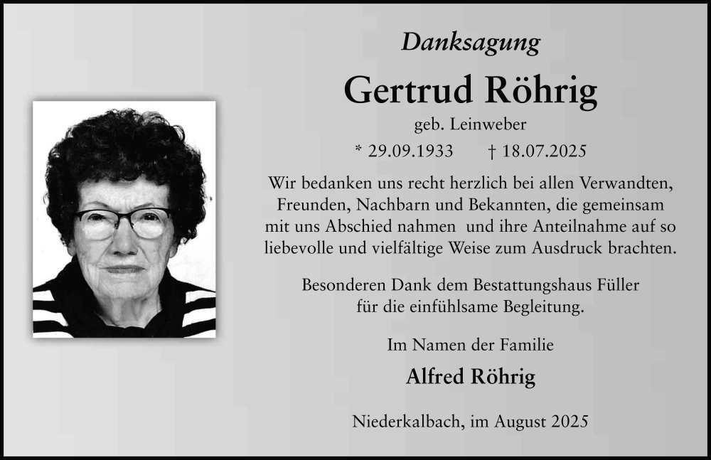  Traueranzeige für Gertrud Röhrig vom 30.08.2025 aus FZ