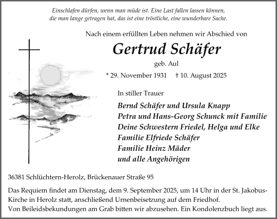Traueranzeige von Gertrud Schäfer von FZ