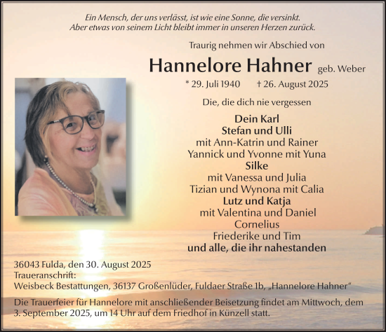Traueranzeige von Hannelore Hahner von FZ