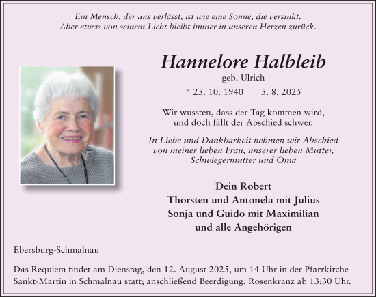 Traueranzeige von Hannelore Halbleib von FZ