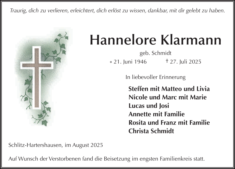  Traueranzeige für Hannelore Klarmann vom 23.08.2025 aus FZ