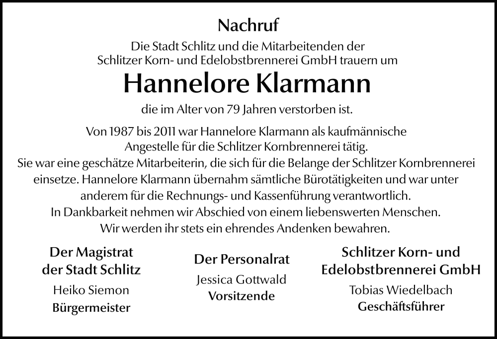  Traueranzeige für Hannelore Klarmann vom 26.08.2025 aus FZ