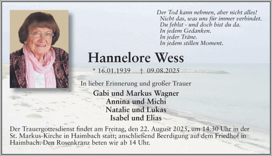Traueranzeige von Hannelore Wess von FZ