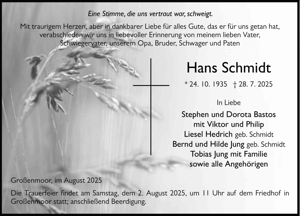  Traueranzeige für Hans Schmidt vom 01.08.2025 aus FZ