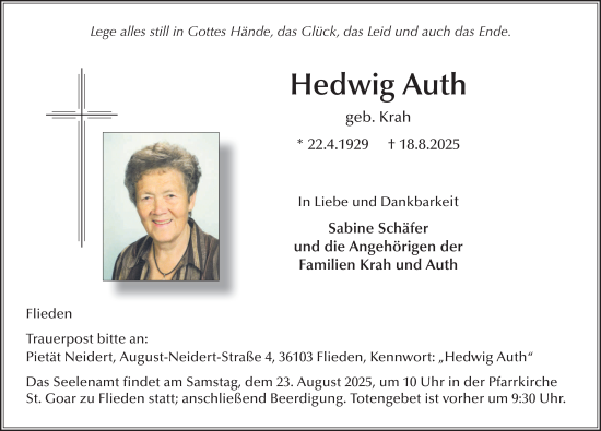 Traueranzeige von Hedwig Auth von FZ