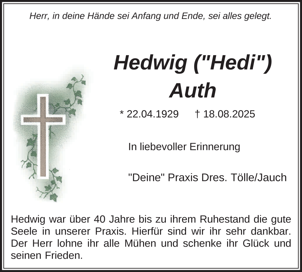  Traueranzeige für Hedwig Auth vom 26.08.2025 aus FZ
