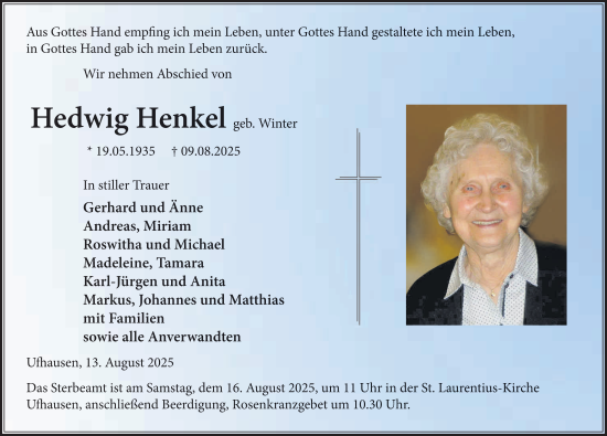 Traueranzeige von Hedwig Henkel von FZ