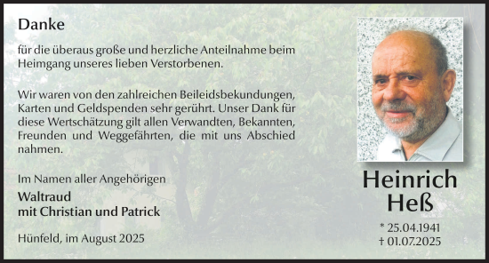 Traueranzeige von Heinrich Heß von FZ