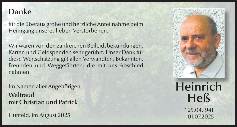  Traueranzeige für Heinrich Heß vom 30.08.2025 aus FZ