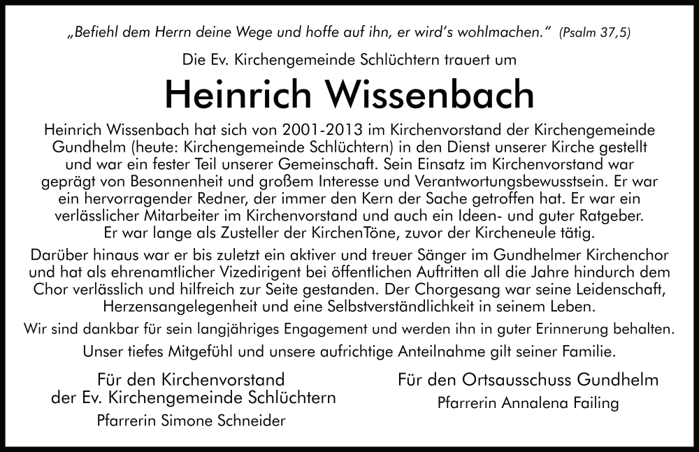  Traueranzeige für Heinrich Wissenbach vom 16.08.2025 aus FZ