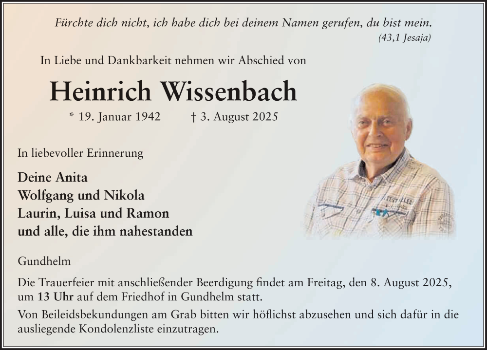  Traueranzeige für Heinrich Wissenbach vom 06.08.2025 aus FZ