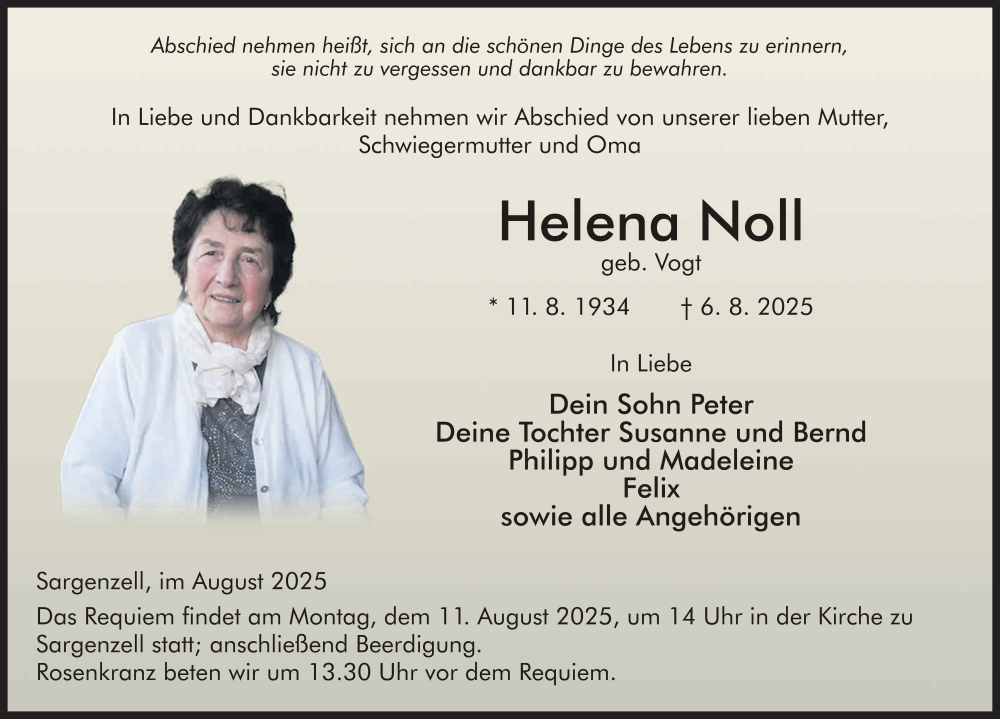  Traueranzeige für Helena Noll vom 09.08.2025 aus FZ