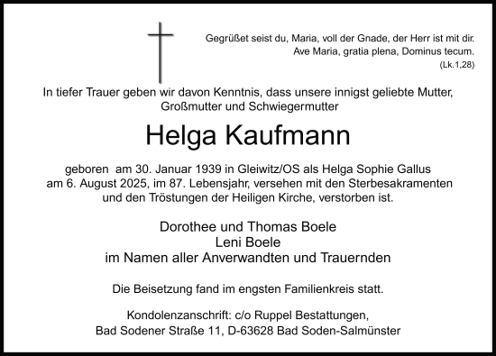 Traueranzeige von Helga Kaufmann von FZ