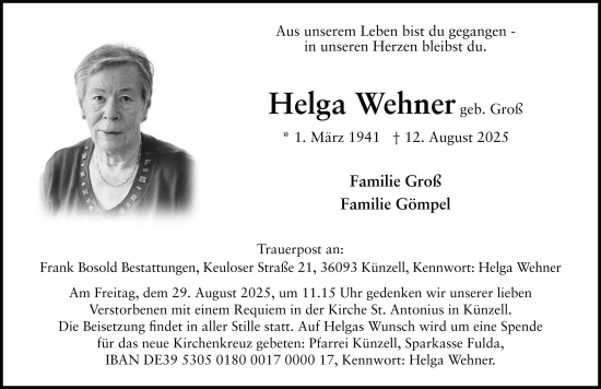 Traueranzeige von Helga Wehner von FZ